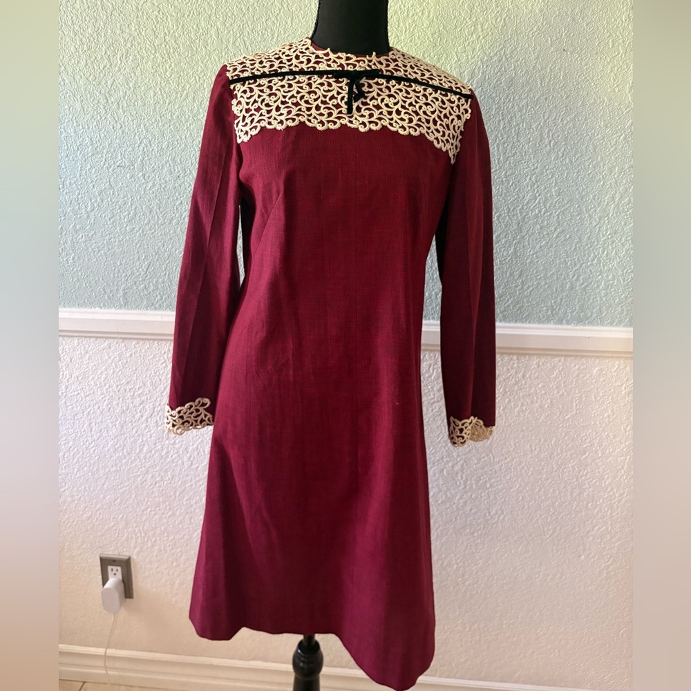 Women's Burgundy Dress with Ivory Lace Trim